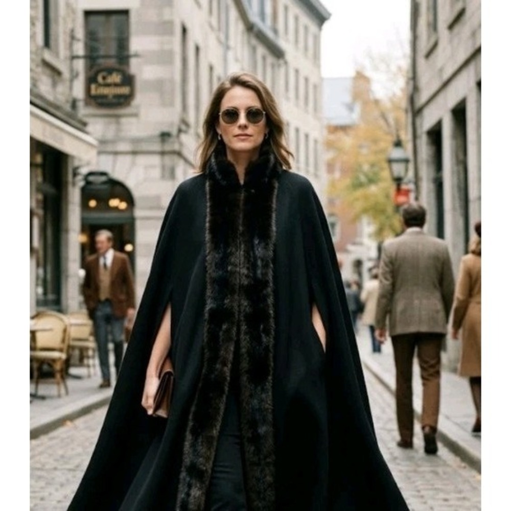 VTG 70s Wellington Fashions Kashmiracle Cape Faux Fur‎ Trim Cloak Black AS IS